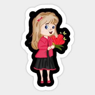 A girl holding a bouquet of red flowers Sticker